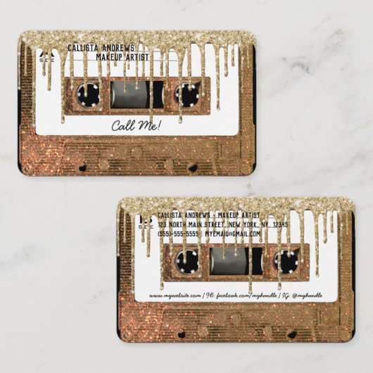 Retro 80's Gold Glitter Drip Cassettebandje Mixtap Visitekaartje (Voorkant / Achterkant)