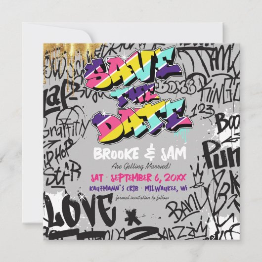 Retro 80's Hip Hop Graffiti Wedding Save The Date (Voorkant)