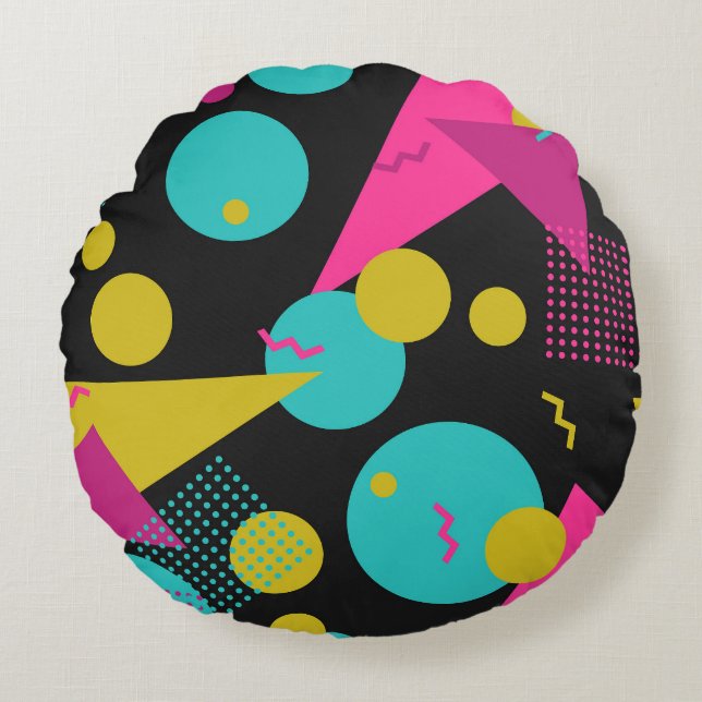 Retro 80s Memphis geometrisch ontwerp Rond Kussen (Voorkant)
