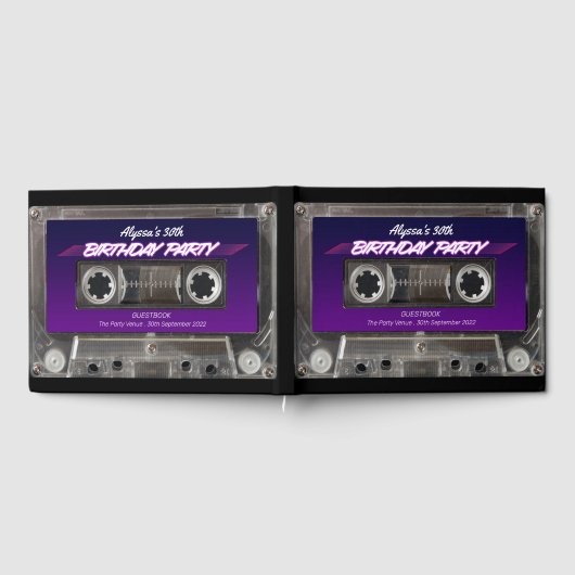 Retro 80s Mixtape Cassette Neon Paarse Verjaardag Gastenboek (Volledig)