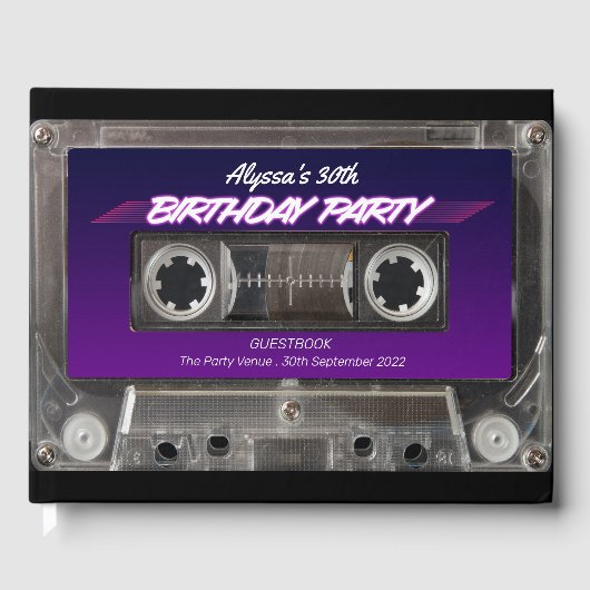 Retro 80s Mixtape Cassette Neon Paarse Verjaardag Gastenboek (Voorkant)