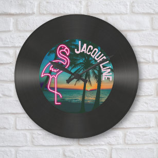 Retro 80s Muziek Record Tropische Neon Flamingo Grote Klok