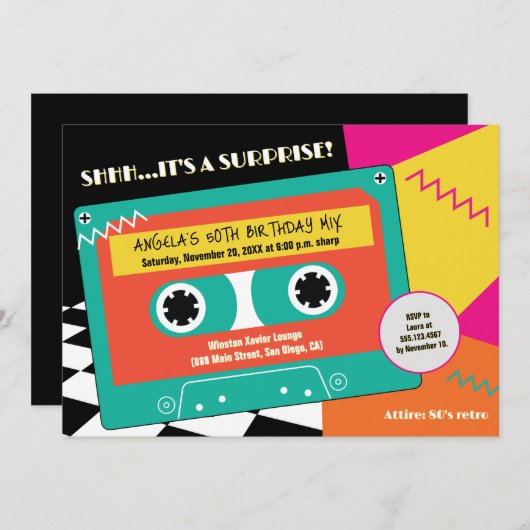 Retro 80s Neon Cassette Surprise 50e verjaardag Kaart (Voorkant / Achterkant)