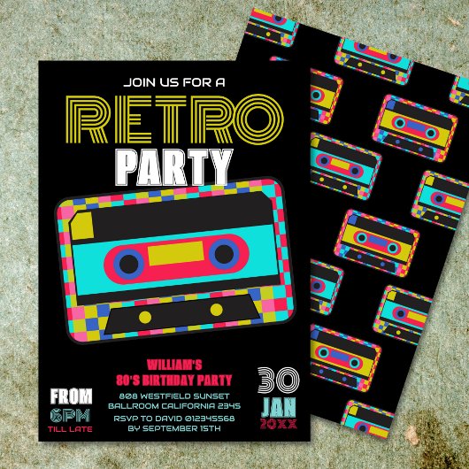 Retro 80s Neon Cassettebandje Verjaardagsfeest Kaart