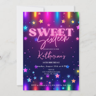 Retro 80s Neon Laser Gloed Sweet 16 Zestien Kaart