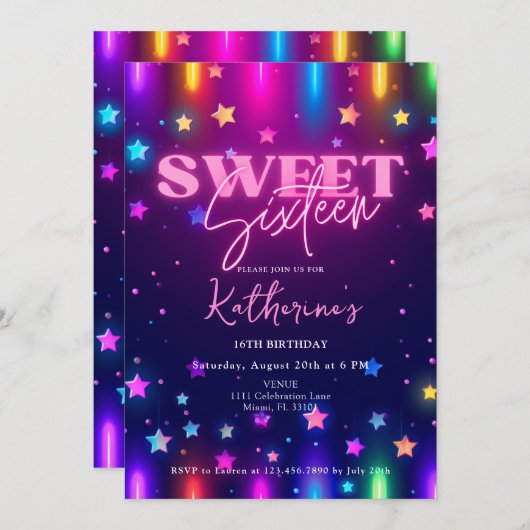 Retro 80s Neon Laser Glow Sweet 16 Zestien Kaart (Voorkant / Achterkant)