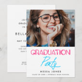 Retro 80s neon licht graduatie party foto aankondiging (Voorkant / Achterkant)