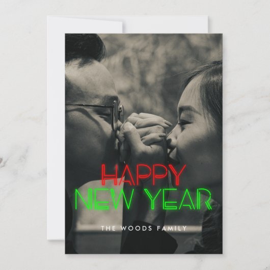 Retro 80s Neon licht Happy New Year foto Feestdagenkaart (Voorkant)