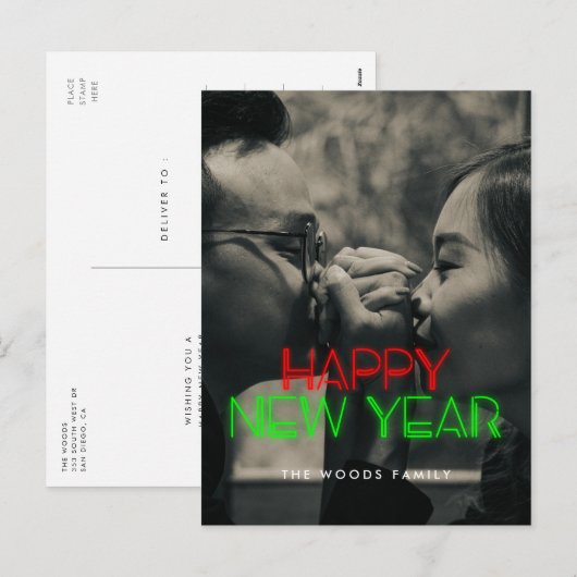 Retro 80s Neon licht Happy New Year foto Feestdagenkaart (Voorkant / Achterkant)