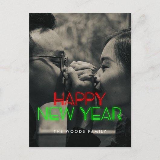 Retro 80s Neon licht Happy New Year foto Feestdagenkaart (Voorkant)