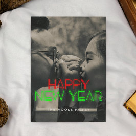 Retro 80s Neon licht Happy New Year foto Feestdagenkaart
