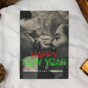 Retro 80s Neon licht Happy New Year foto Feestdagenkaart