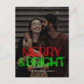 Retro 80s Neon licht Merry & Bright foto Feestdagenkaart (Voorkant)
