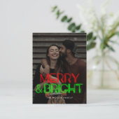Retro 80s Neon licht Merry & Bright foto Feestdagenkaart (Staand voorkant)