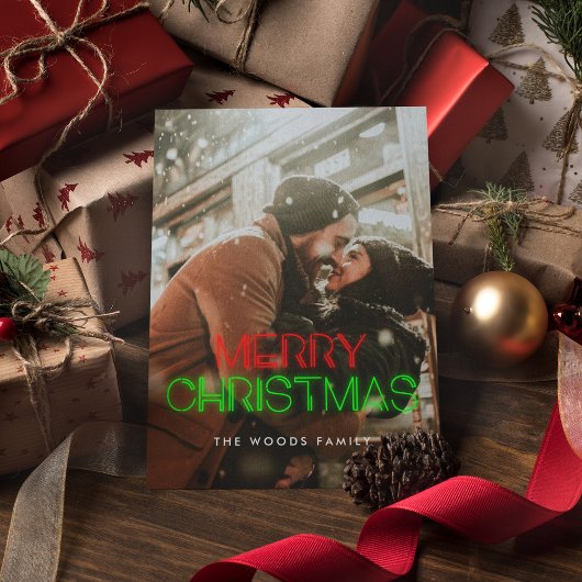 Retro 80s Neon licht Merry kerstfoto Feestdagenkaart