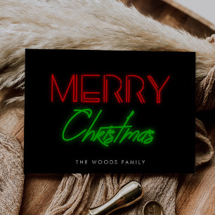 Retro 80s Neon lichtjes Vrolijk Kerstfeest Feestdagenkaart