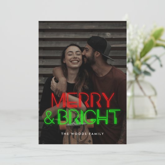 Retro 80s Neon Lights Merry & Bright Foto Feestdagenkaart (Staand voorkant)