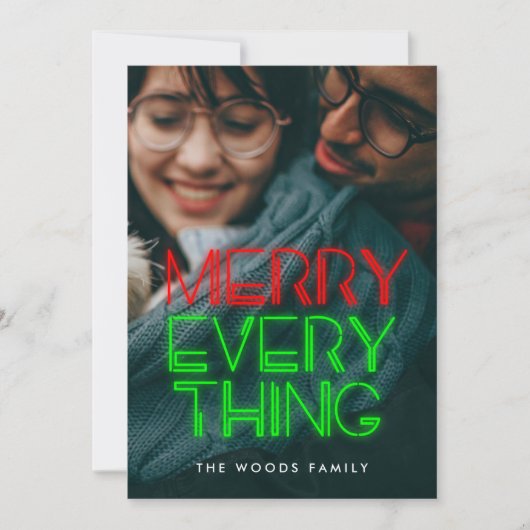 Retro 80s Neon Lights Merry Everything Foto Feestdagenkaart (Voorkant)