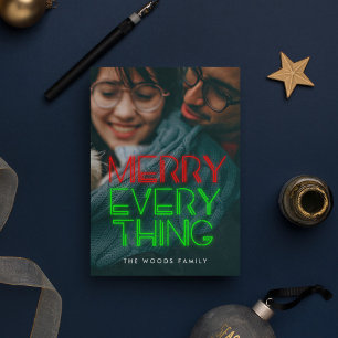 Retro 80s Neon Lights Merry Everything Foto Feestdagenkaart