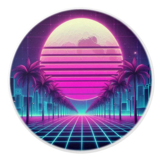 Retro, 80s neon maan/palmen keramische knop (Voorkant)