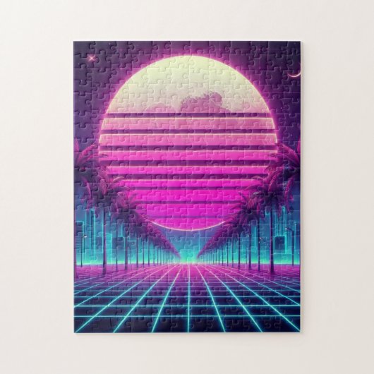 Retro, 80s neon maan/palmen legpuzzel (Verticaal)