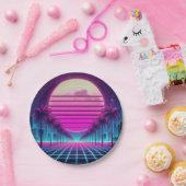 Retro, 80s neon maan/palmen papieren bordje (Feest)