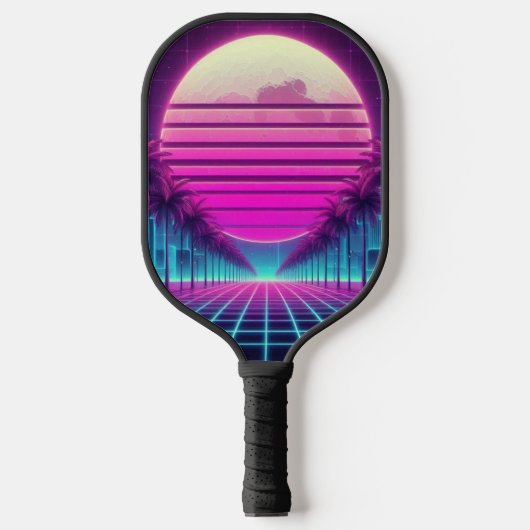 Retro, 80s neon maan/palmen pickleball paddle (Voorkant)