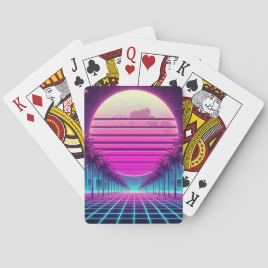 retro, 80s neon maan/palmen pokerkaarten (Achterkant)