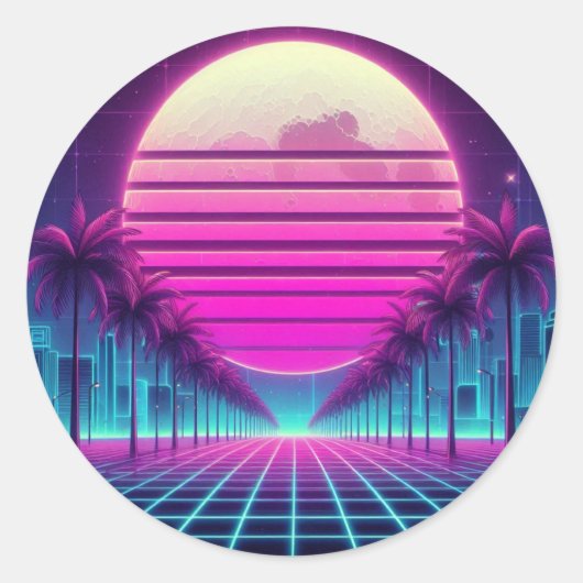 Retro, 80s neon maan/palmen ronde sticker (Voorkant)