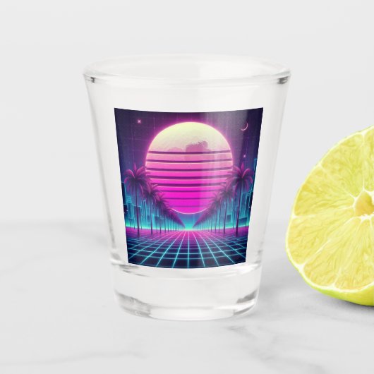 Retro, 80s neon maan/palmen shot glas (Voorkant)