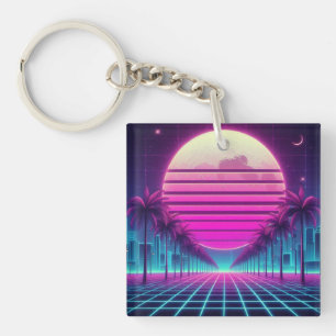 Retro, 80s neon maan/palmen sleutelhanger