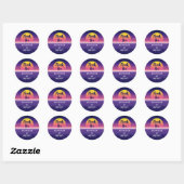 Retro 80s Neon Paars Synthwave Zonsondergang Bedan Ronde Sticker (Vel)