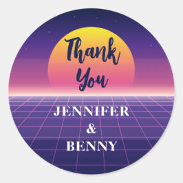 Retro 80s Neon Paars Synthwave Zonsondergang Bedan Ronde Sticker