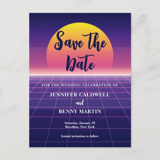 Retro 80's Neon Paars Synthwave Zonsondergang Rock Aankondigingskaart (Voorkant)