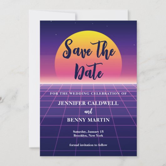 Retro 80s Neon Paarse Synthwave Sunset Rock Star Save The Date (Voorkant)