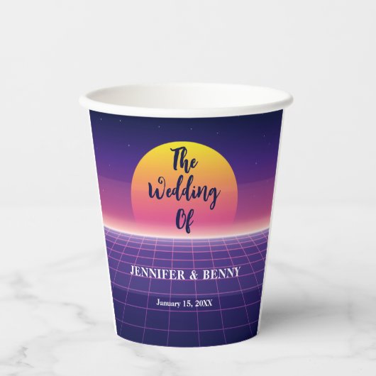 Retro 80s Neon Paarse Synthwave Sunset Wedding Papieren Bekers (Voorkant)