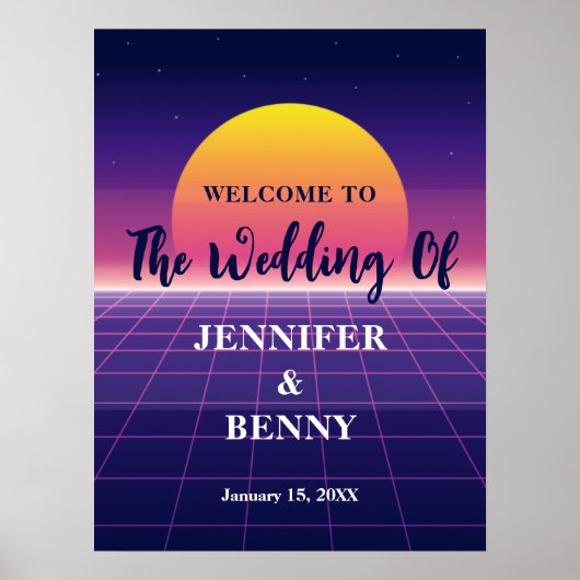 Retro 80s Neon Paarse Synthwave Sunset Wedding Poster (Voorkant)