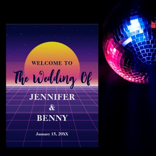 Retro 80s Neon Paarse Synthwave Sunset Wedding Poster