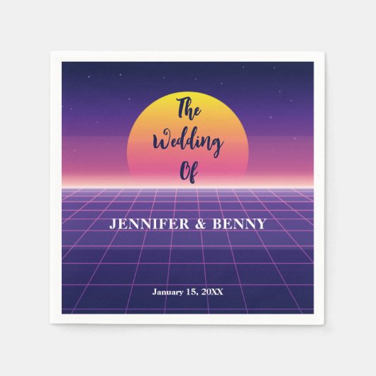 Retro 80s Neon Paarse Synthwave Sunset Wedding Servet (Voorkant)