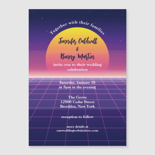 Retro 80s Neon Paarse Synthwave Zonsondergang Trou Magnetische Uitnodiging (Voorkant)