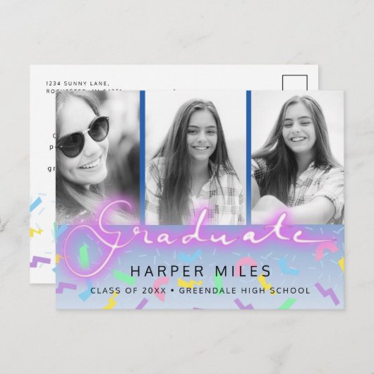 Retro 80s neon pastel afstuderen 3 foto briefkaart (Voorkant / Achterkant)