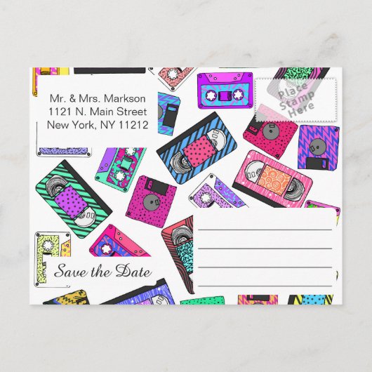 Retro 80's Neon Patterned Cassettebandjes van 90's Aankondigingskaart (Achterkant)