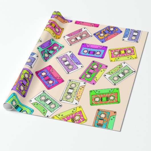 Retro 80's Neon Patterned Cassettebandjes van 90's Cadeaupapier (Uitgerold)