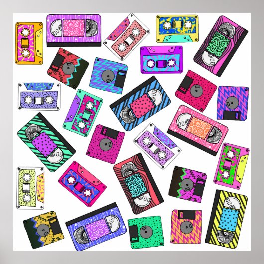 Retro 80's Neon Patterned Cassettebandjes van 90's Poster (Voorkant)