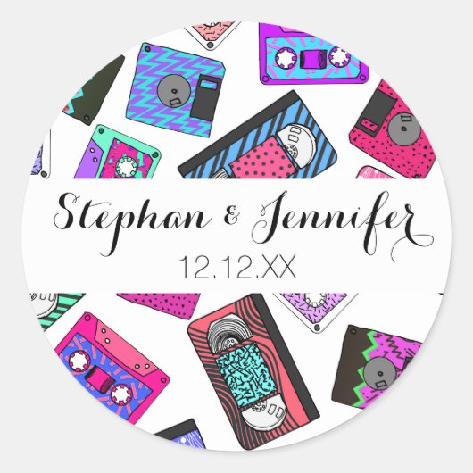Retro 80's Neon Patterned Cassettebandjes van 90's Ronde Sticker (Voorkant)