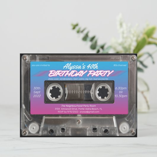 Retro 80s Neon Roze Blauwe Cassette 40e Verjaardag Kaart (Staand voorkant)