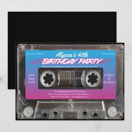 Retro 80s Neon Roze Blauwe Cassette 40e Verjaardag Kaart (Voorkant / Achterkant)
