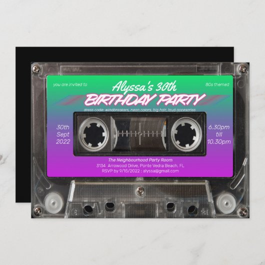Retro 80s Neon Roze Groen Cassette Verjaardagsfees Kaart (Voorkant / Achterkant)