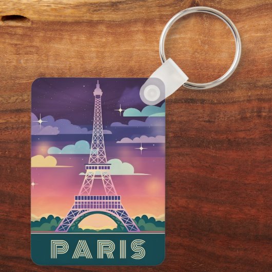 Retro 80s Neon Synthwave Eiffel Tower Paris Frankr Sleutelhanger (Achterkant)
