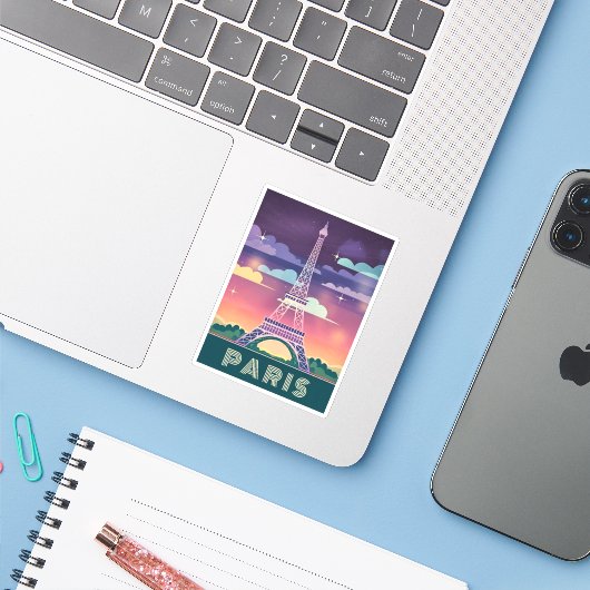Retro 80s Neon Synthwave Eiffel Tower Paris Frankr Sticker (Laptop met iPhone)